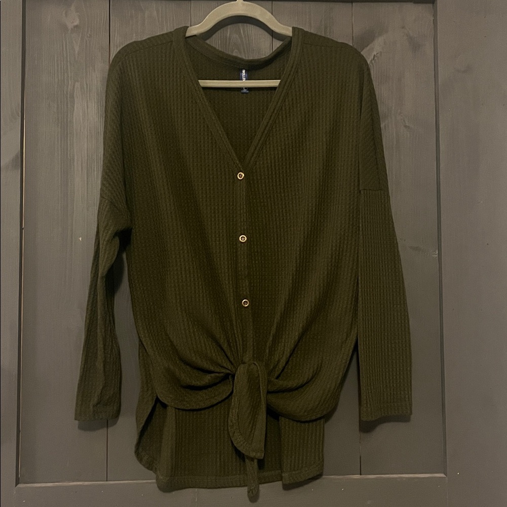 Olive Green Button-Up Tie Front Top